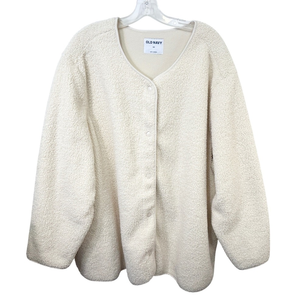 Old Navy Plus Size 4X Coat Cream Sherpa Fleece Snap Collarless Jacket White B